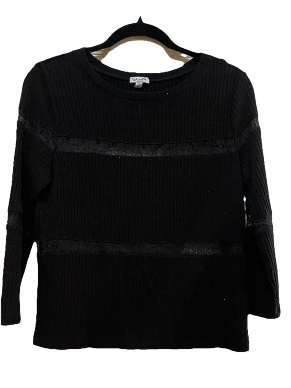 SPLENDID Black Ribbed Sheer Lace Stripes Crewneck 3/4 Length Sleeve Sweater Sz M